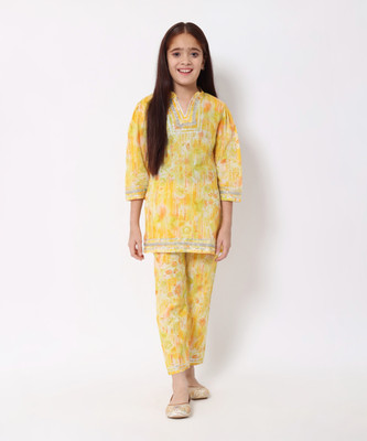 Readiprint Fashions Girls Festive & Party Kurta and Trouser Set(Yellow Pack of 1)