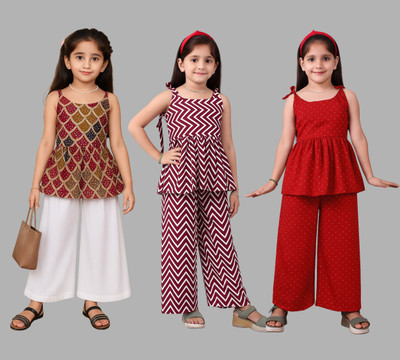 pj fashion Girls Festive & Party Kurta and Palazzo Set(Multicolor Pack of 3)