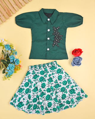 S R RESHMA DRESSES Baby Girls Casual Top and Skirt Set(Dark Green Pack of 1)