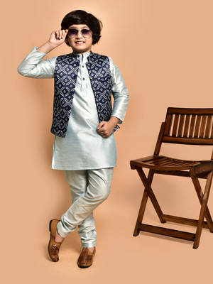PRINTCULTR Boys Festive & Party Kurta, Waistcoat and Pyjama Set(Blue Pack of 3)
