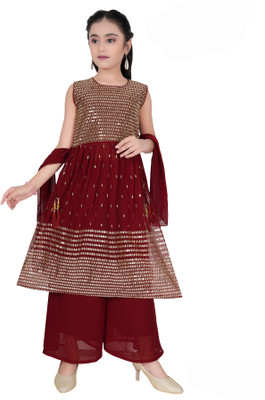 CLOTH ADDA Girls Festive & Party Kurta, Pyjama & Dupatta Set(Red Pack of 1)