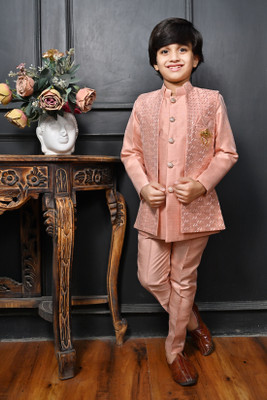 AHHAAAA Boys Festive & Party Kurta, Waistcoat and Breeches Set(Pink Pack of 1)