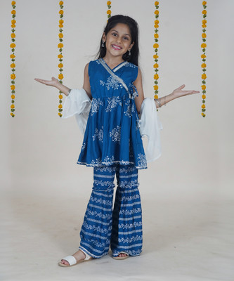 KiddoPanti Girls Festive & Party Kurta and Sharara Set(Blue Pack of 1)