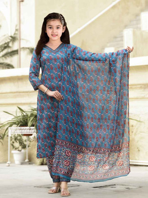 ROSMEAN Girls Formal Kurta, Pyjama & Dupatta Set(Blue Pack of 1)