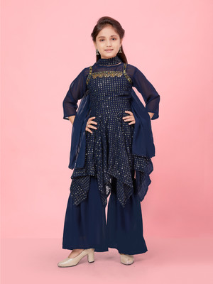 Aarika Girls Festive & Party Kurta and Palazzo Set(Dark Blue Pack of 1)