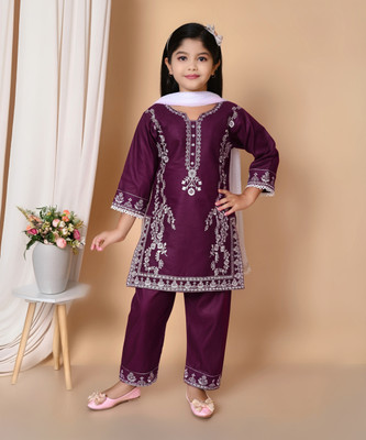Mselimdresses Girls Casual Kurta, Pyjama & Dupatta Set(Purple Pack of 1)