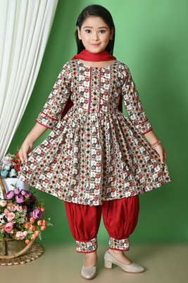AHBAB CREATION Girls Festive & Party Kurta, Pyjama & Dupatta Set(Red Pack of 1)