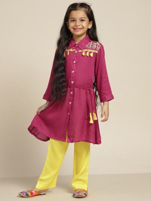 HERE&NOW Girls Casual Kurta and Trouser Set(Pink Pack of 1)