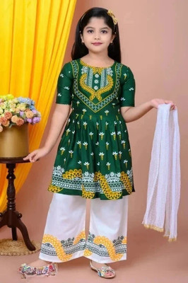 IFA FASHION Girls Festive & Party Kurta and Palazzo Set(Dark Green Pack of 1)