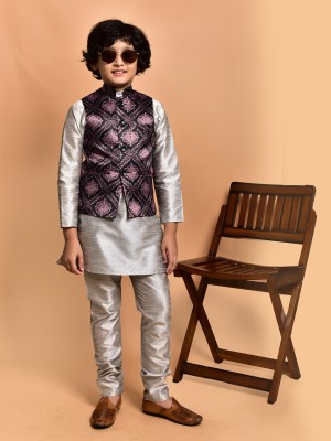 PRINTCULTR Boys Festive & Party Kurta, Waistcoat and Pyjama Set(Silver Pack of 3)