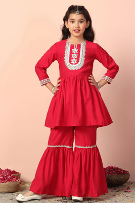 Fashion Dream Girls Festive & Party Kurta and Palazzo Set(Pink Pack of 1)