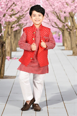 Smuktar garments Baby Boys Casual, Festive & Party, Wedding Kurta, Waistcoat and Pyjama Set(Red Pack of 1)