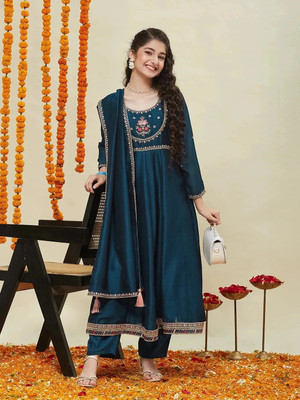 Curly Tales Girls Festive & Party Kurta, Pyjama & Dupatta Set(Blue Pack of 1)