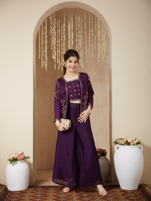 Curly Tales Girls Festive & Party Ethnic Jacket, Kurta and Palazzo Set(Purple Pack of 1)