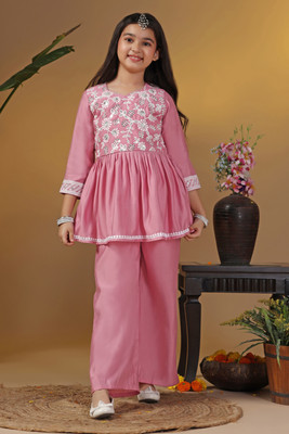 Sangria Girls Festive & Party Kurta and Pyjama Set(Pink Pack of 1)
