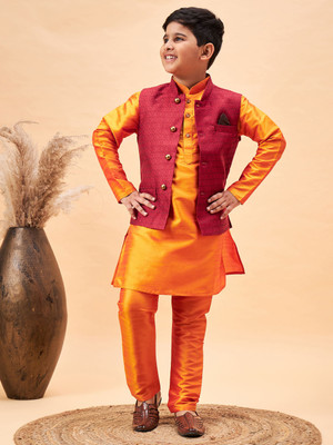 VASTRAMAY Boys Festive & Party Kurta, Waistcoat and Pyjama Set(Orange Pack of 1)