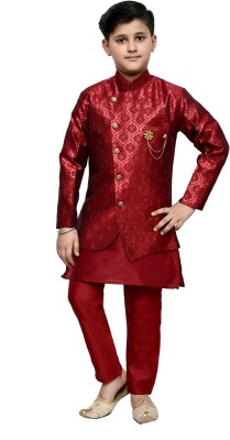 SEMINO Boys Festive & Party Kurta, Waistcoat and Pyjama Set(Red Pack of 1)