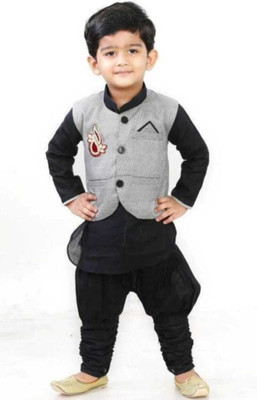 VISHESTA Boys Festive & Party Kurta and Pyjama Set(Black Pack of 1)