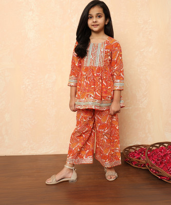 Readiprint Fashions Girls Festive & Party Kurta and Palazzo Set(Orange Pack of 1)