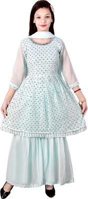 AYUB TRENDING Girls Festive & Party Kurta, Pyjama & Dupatta Set(Light Blue Pack of 3)