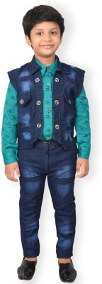 TAPODHANI Boys Festive & Party Shirt, Waistcoat and Pant Set(Blue Pack of 1)