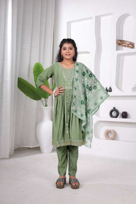 Shivam Baby Girls Wedding Kurta and Trouser Set(Green Pack of 3)