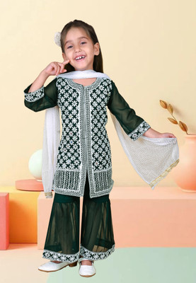 sabnam Girls Festive & Party Kurti, Patiala and Dupatta Set(Dark Green Pack of 1)