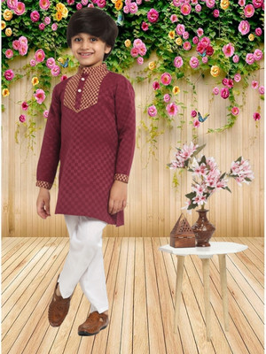 CENSAL Boys Festive & Party Kurta and Pyjama Set(Maroon Pack of 1)