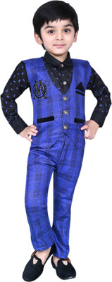 Bold Born Boys Festive & Party Shirt & Waistcoat Set(Blue Pack of 1)