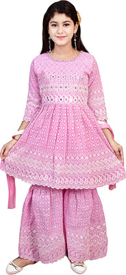 AYUB FASHIONN Girls Wedding Kurta and Palazzo Set(Pink Pack of 1)