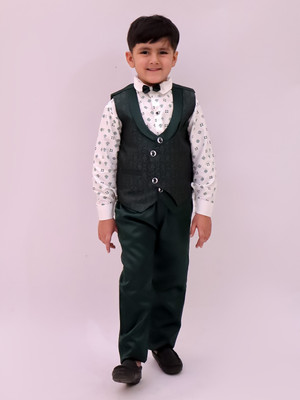 HouseOfCommon Boys Festive & Party Shirt, Waistcoat and Pant Set(Dark Green Pack of 1)