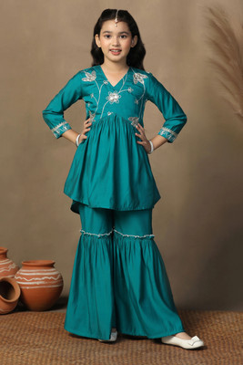 Fashion Dream Girls Festive & Party Kurta and Palazzo Set(Blue Pack of 1)