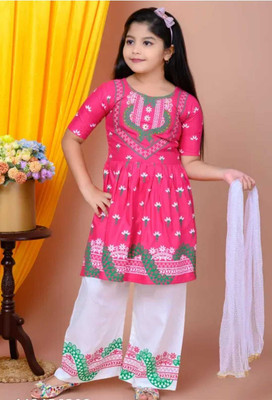 WELNOXFASHION Girls Festive & Party Kurta, Pyjama & Dupatta Set(Pink Pack of 1)