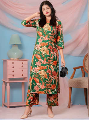 Meraki Fab Girls Casual Kurta and Pyjama Set(Green Pack of 1)