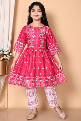 YAYAVAR Girls Festive & Party Kurta and Trouser Set(Pink Pack of 1)