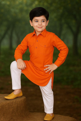 Qitty Boys Festive & Party Kurta and Pyjama Set(Orange Pack of 1)