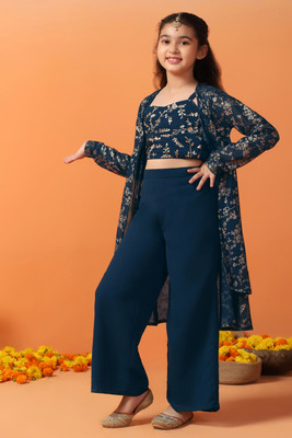 Tasrika Girls Festive & Party Ethnic Jacket, Blouse and Palazzo Set(Blue Pack of 1)