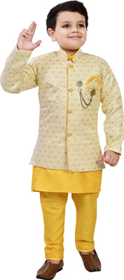 BT DEZINES Boys Festive & Party, Wedding Kurta, Waistcoat and Pyjama Set(Yellow Pack of 1)