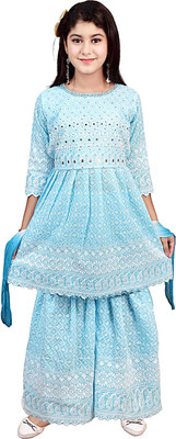 AYUB FASHIONN Girls Wedding Kurta and Palazzo Set(Light Blue Pack of 1)