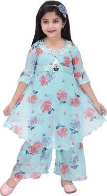 ZARTAJ Girls Festive & Party Kurta and Palazzo Set(Light Blue Pack of 1)