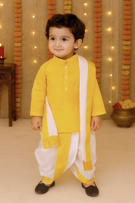 LaskarGarments Baby Boys Festive & Party Kurta, Dhoti Pant & Dupatta Set(Yellow Pack of 1)