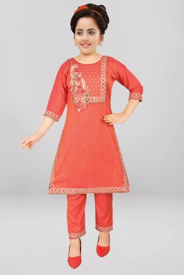 Sevgi Girls Casual, Festive & Party Kurta and Trouser Set(Orange Pack of 1)