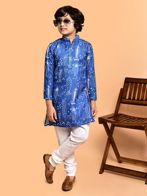PRINTCULTR Boys Festive & Party Kurta and Pyjama Set(Blue Pack of 2)