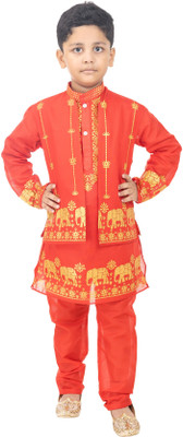 Smuktar garments Boys Casual, Festive & Party, Wedding Kurta, Waistcoat and Pyjama Set(Red Pack of 1)