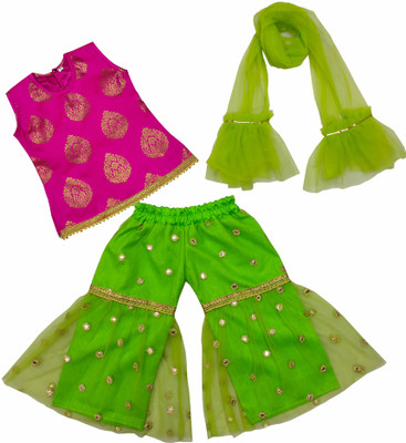 ALMOND STYLE Girls Casual Kurta, Pyjama & Dupatta Set(Green Pack of 1)