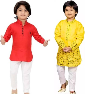 Shree Krishna Fashions Boys Festive & Party, Formal, Wedding Kurta and Churidar Set(Yellow Pack of 2)