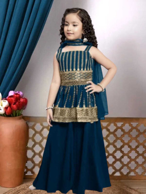 SUNCITY FASHION MART Girls Festive & Party Kurta and Palazzo Set(Blue Pack of 1)