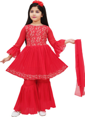 BISAL Girls Festive & Party Angarkha and Sharara Set(Red Pack of 1)