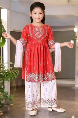 ITC FASHION Girls Festive & Party Kurta and Palazzo Set(Red Pack of 1)