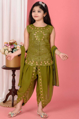 ejarul Girls Casual Kurta, Dhoti Pant & Dupatta Set(Dark Green Pack of 1)
